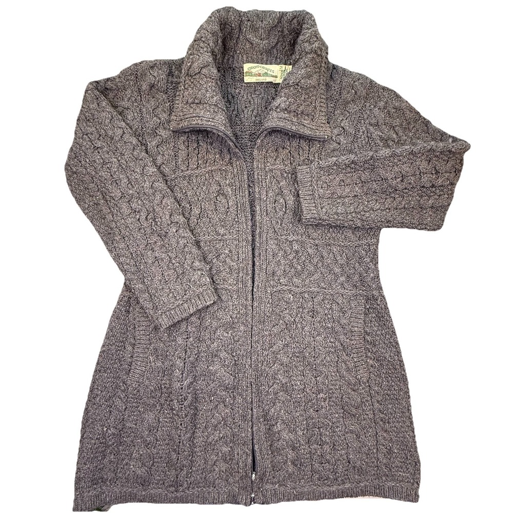 Aran Crafts Merino Wool Cable Knit Full Zip Cardigan Sweater Ireland Sz M Gray - Picture 3 of 11
